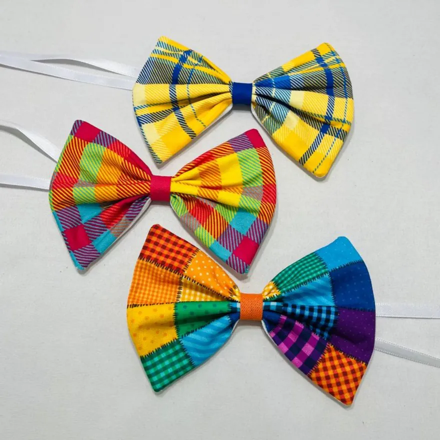Trio de Gravata Borboleta Festa Junina Diversas Cores de Xadrez para Pets - 15 un